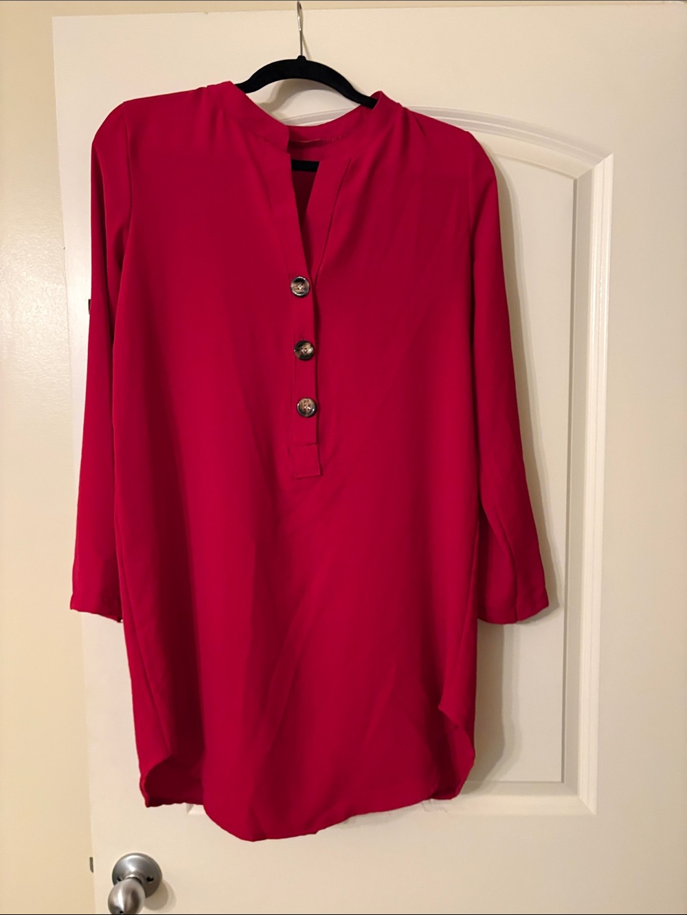 Bright Fuchsia Button-Front Tunic with Three-Quarter Sleeves